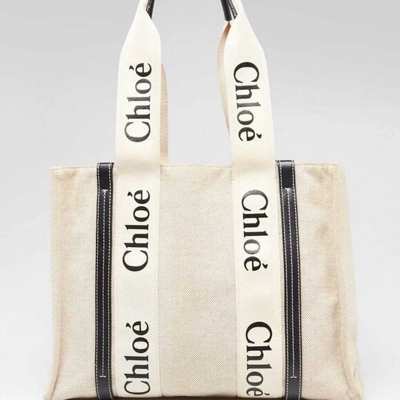 Chloe Beige/Black Canvas/Leather Medium Woody Tote Bag - Picture 1 of 8